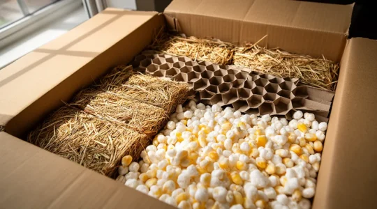 Vue macro d'un insert de calage en fibres naturelles dans un carton d'expédition avec des textures de matériaux biodégradables