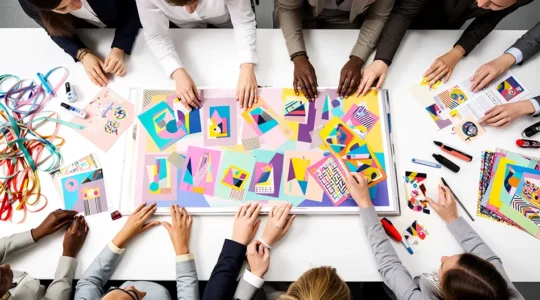 Mains d'employés créant ensemble une œuvre collective colorée lors d'un atelier de scrapbooking