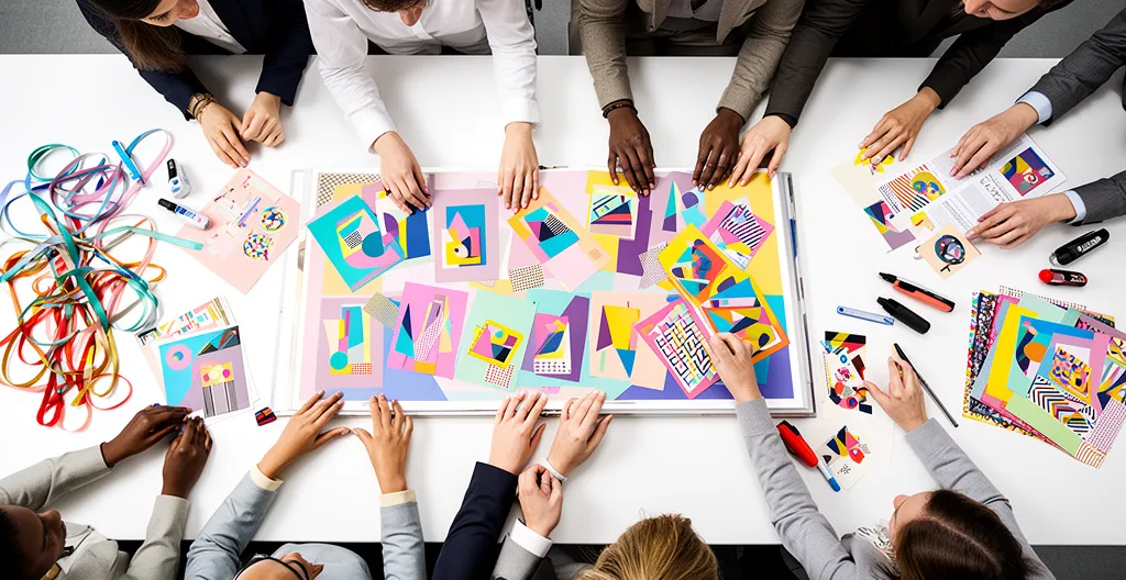 Mains d'employés créant ensemble une œuvre collective colorée lors d'un atelier de scrapbooking