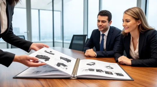 Réunion commerciale avec présentation d'une brochure professionnelle à reliure spirale Wire-O