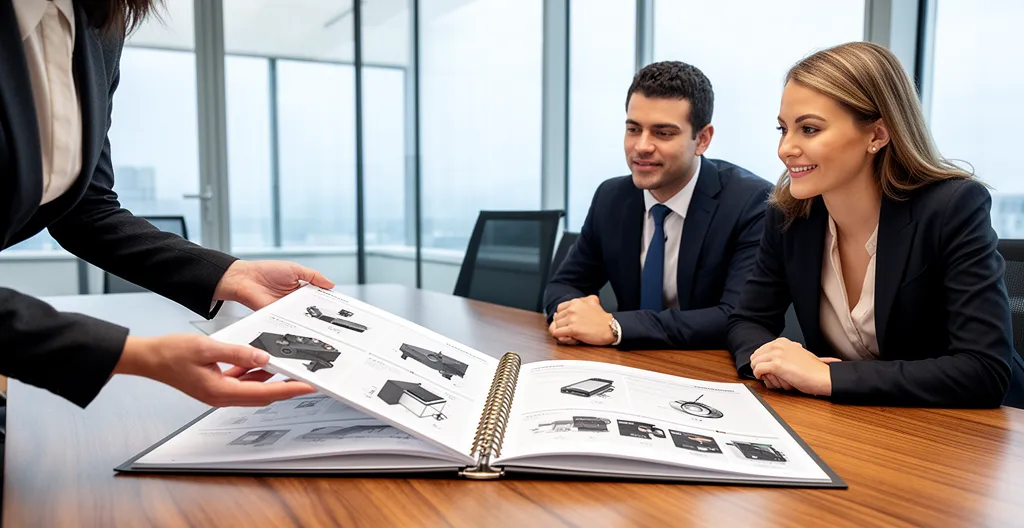 Réunion commerciale avec présentation d'une brochure professionnelle à reliure spirale Wire-O