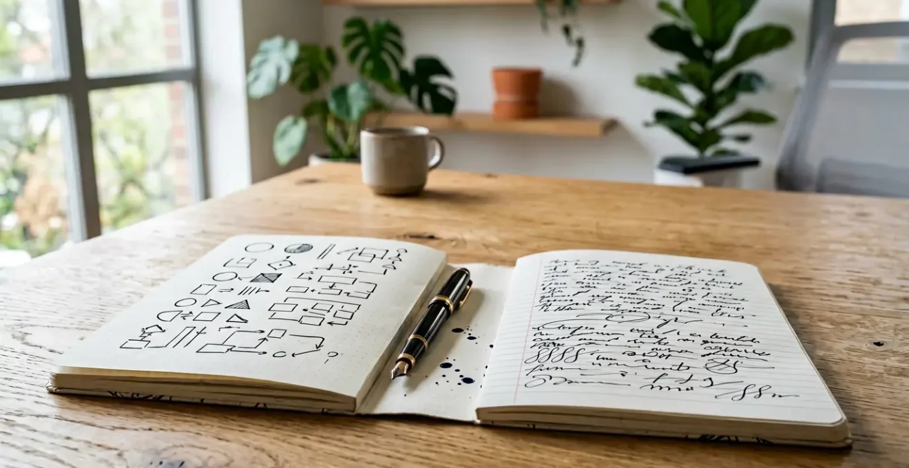 Espace de travail professionnel avec carnets et stylos plume organisés sur bureau en bois