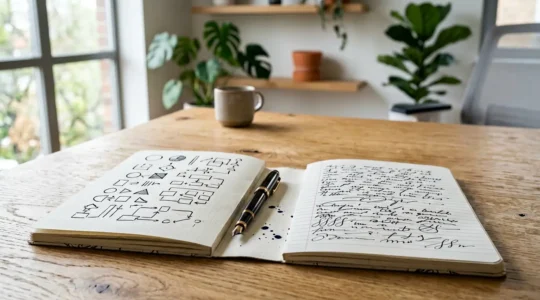 Espace de travail professionnel avec carnets et stylos plume organisés sur bureau en bois