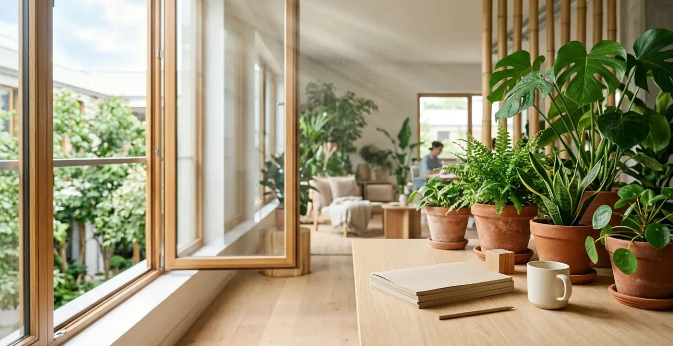 Espace de bureau lumineux avec plantes vertes et documents imprimés écologiques disposés sur un bureau en bois