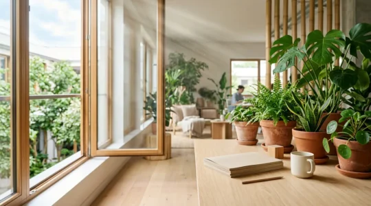 Espace de bureau lumineux avec plantes vertes et documents imprimés écologiques disposés sur un bureau en bois