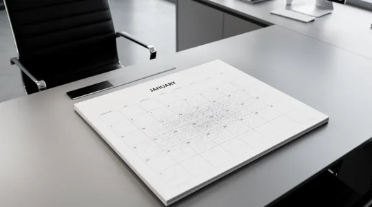 Bureau professionnel avec calendrier de janvier marqué, cartes de vœux élégantes et horloge vintage suggérant la planification stratégique