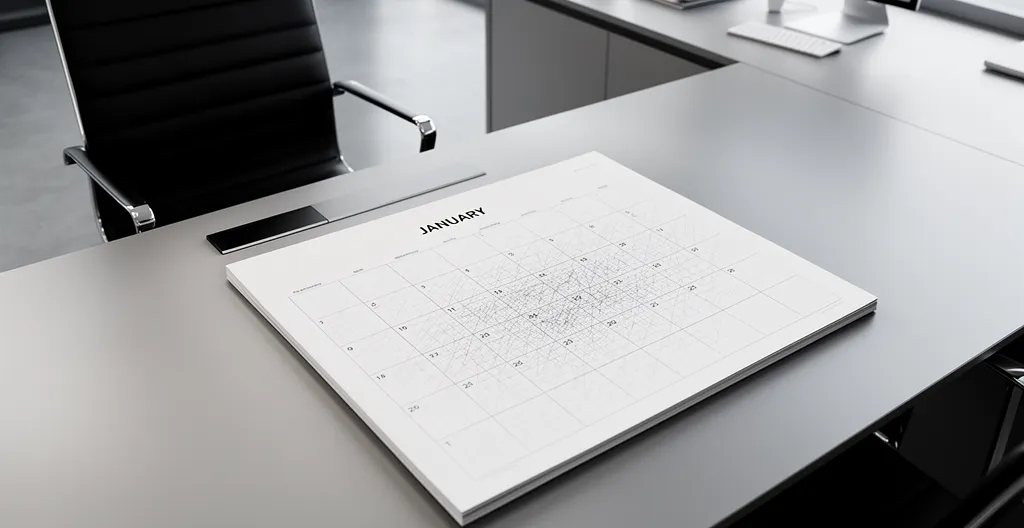 Bureau professionnel avec calendrier de janvier marqué, cartes de vœux élégantes et horloge vintage suggérant la planification stratégique