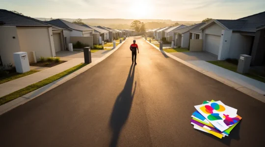 Vue aérienne d'une zone résidentielle avec distribution de flyers en cours