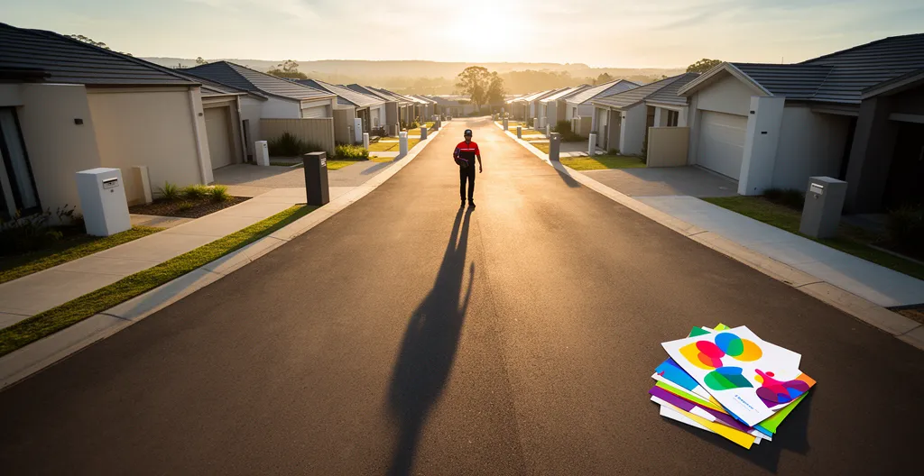 Vue aérienne d'une zone résidentielle avec distribution de flyers en cours