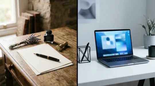 Bureau divisé entre tradition manuscrite et modernité numérique montrant le contraste entre une carte de remerciement papier et un écran d'ordinateur