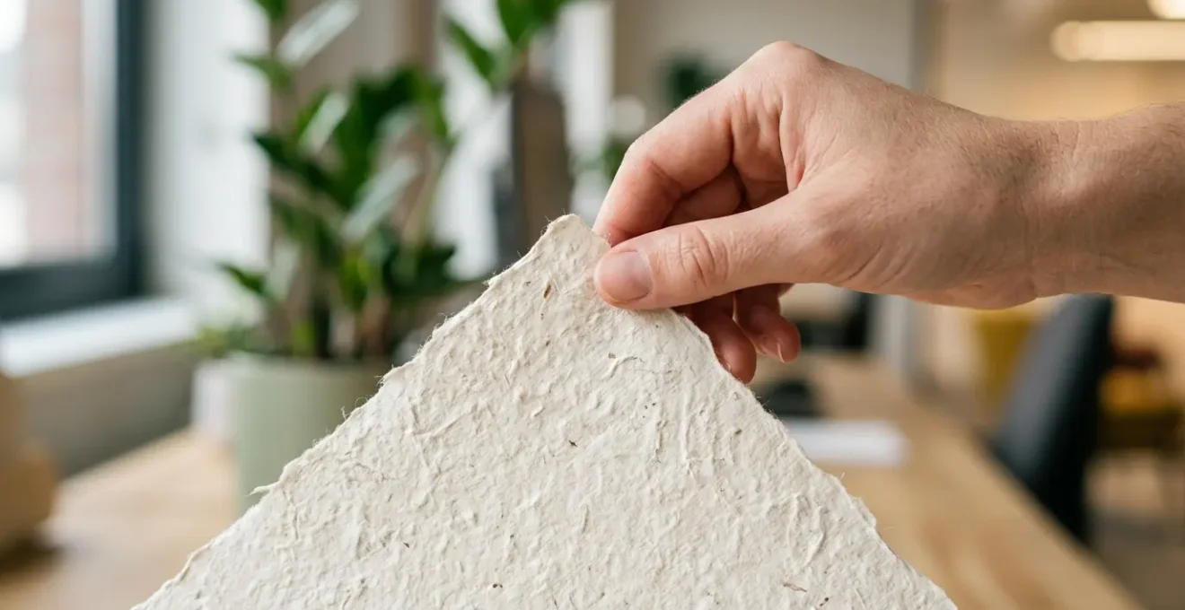 Gros plan sur une main professionnelle examinant la texture d'un papier recyclé blanc naturel à la lumière douce