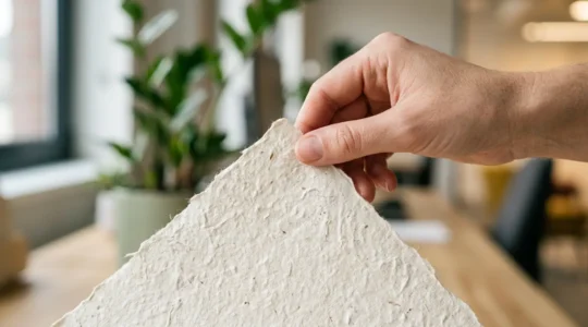 Gros plan sur une main professionnelle examinant la texture d'un papier recyclé blanc naturel à la lumière douce