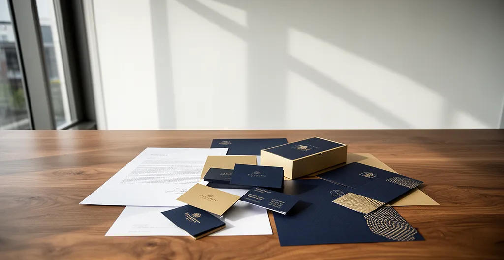 Composition professionnelle mettant en scène l'harmonie des supports d'impression d'entreprise