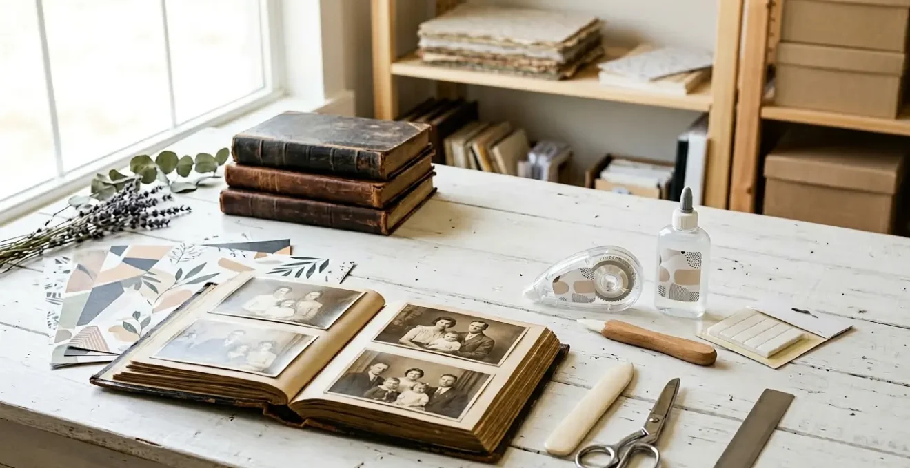 Composition artistique d'éléments de scrapbooking avec colles sans acide sur table de travail lumineuse