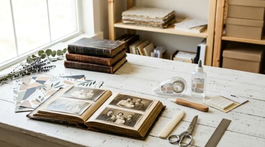 Composition artistique d'éléments de scrapbooking avec colles sans acide sur table de travail lumineuse