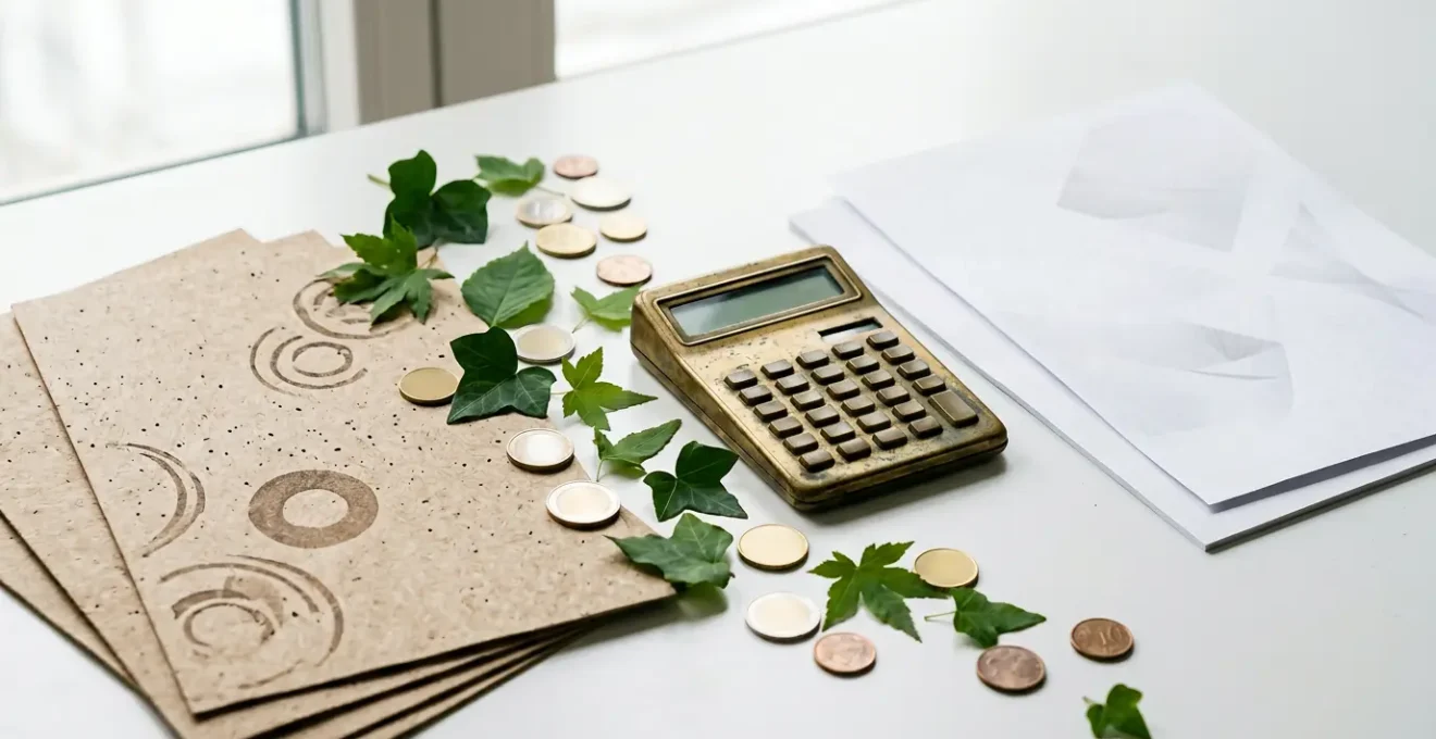 Comparaison visuelle entre papier recyclé et standard avec calculatrice et feuilles vertes
