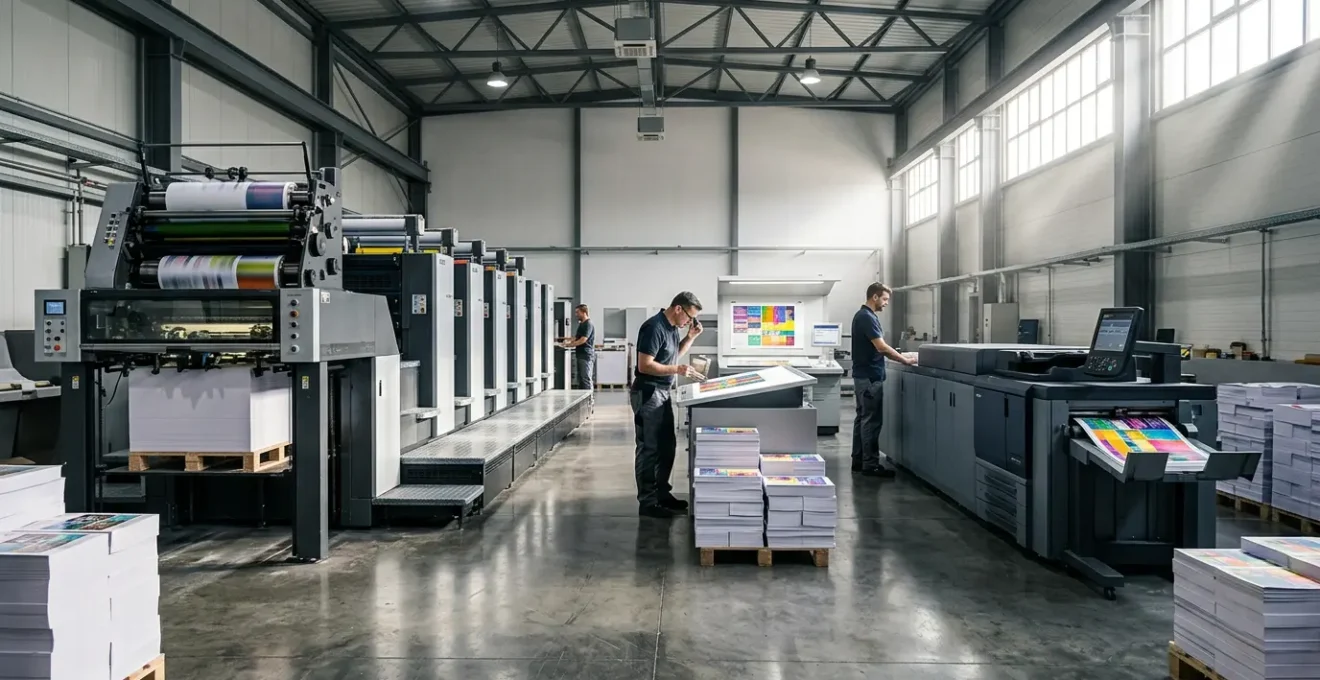 Vue d'un atelier d'impression moderne montrant une presse offset et une imprimante numérique côte à côte, avec des feuilles imprimées colorées en sortie