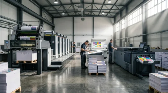 Vue d'un atelier d'impression moderne montrant une presse offset et une imprimante numérique côte à côte, avec des feuilles imprimées colorées en sortie