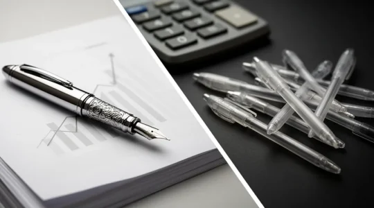 Comparaison visuelle entre stylos rechargeables et jetables pour une PME avec calcul économique