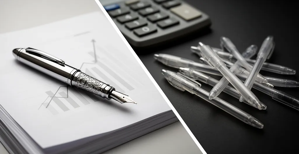 Comparaison visuelle entre stylos rechargeables et jetables pour une PME avec calcul économique