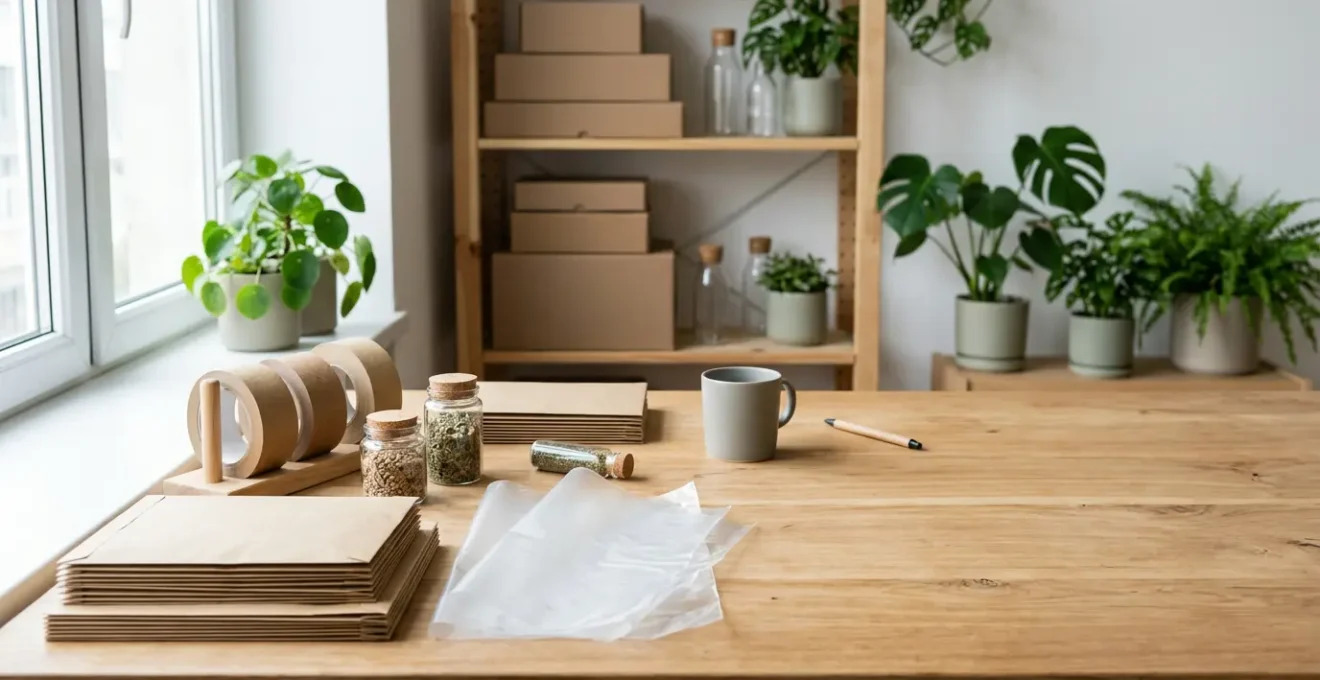 Bureau moderne avec échantillons d'emballages écologiques et documents de conformité AGEC disposés sur une table en bois