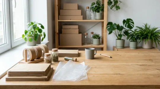 Bureau moderne avec échantillons d'emballages écologiques et documents de conformité AGEC disposés sur une table en bois