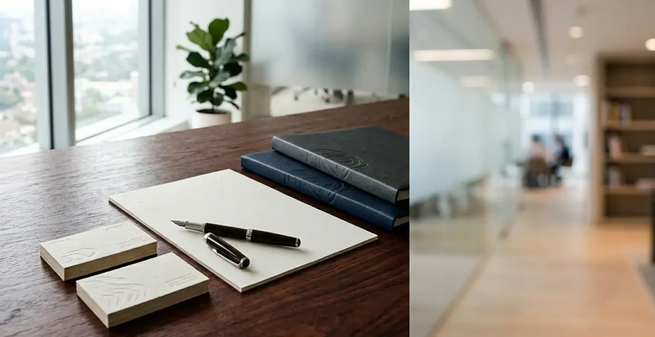 Bureau de consultant indépendant avec papeterie haut de gamme et carte de visite premium