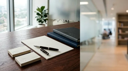 Bureau de consultant indépendant avec papeterie haut de gamme et carte de visite premium