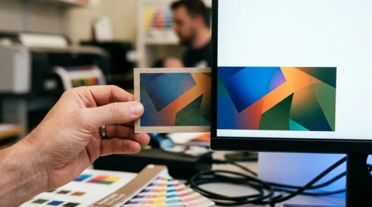 Comparaison côte à côte d'une main tenant une carte de visite brillante face à un écran d'ordinateur montrant le même design avec des différences de couleurs visibles