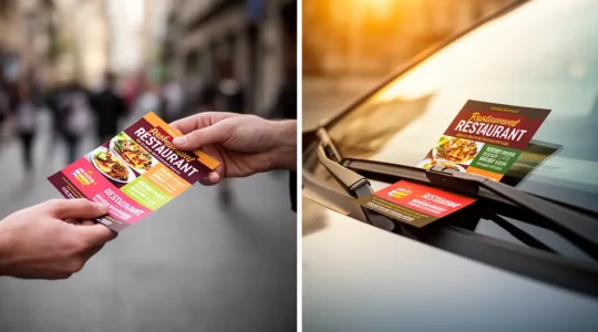 Comparaison visuelle entre distribution de flyers main à main et sur pare-brise pour un restaurant