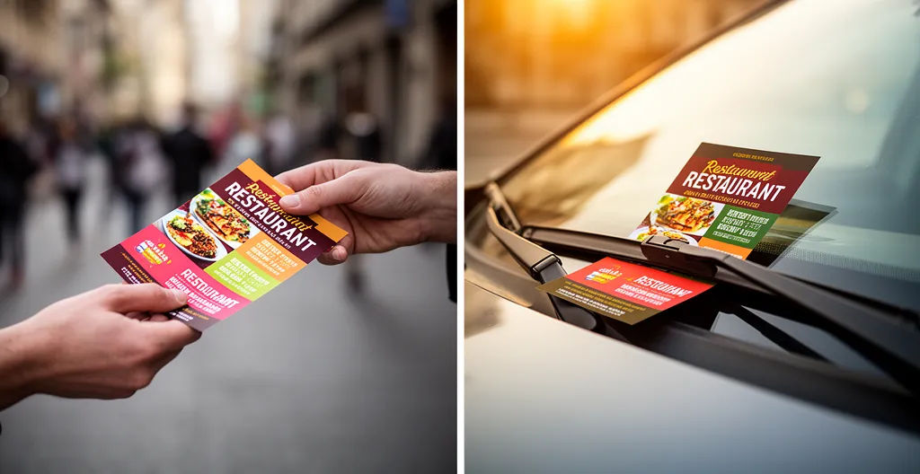 Comparaison visuelle entre distribution de flyers main à main et sur pare-brise pour un restaurant