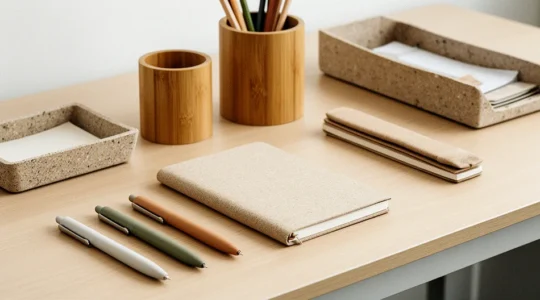 Espace de travail moderne avec fournitures de bureau écologiques et rechargeables disposées de manière professionnelle