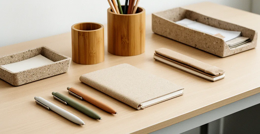 Espace de travail moderne avec fournitures de bureau écologiques et rechargeables disposées de manière professionnelle