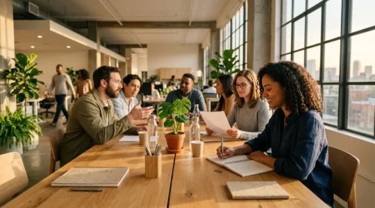 Espace de travail moderne avec fournitures de bureau écologiques en bambou et papier recyclé