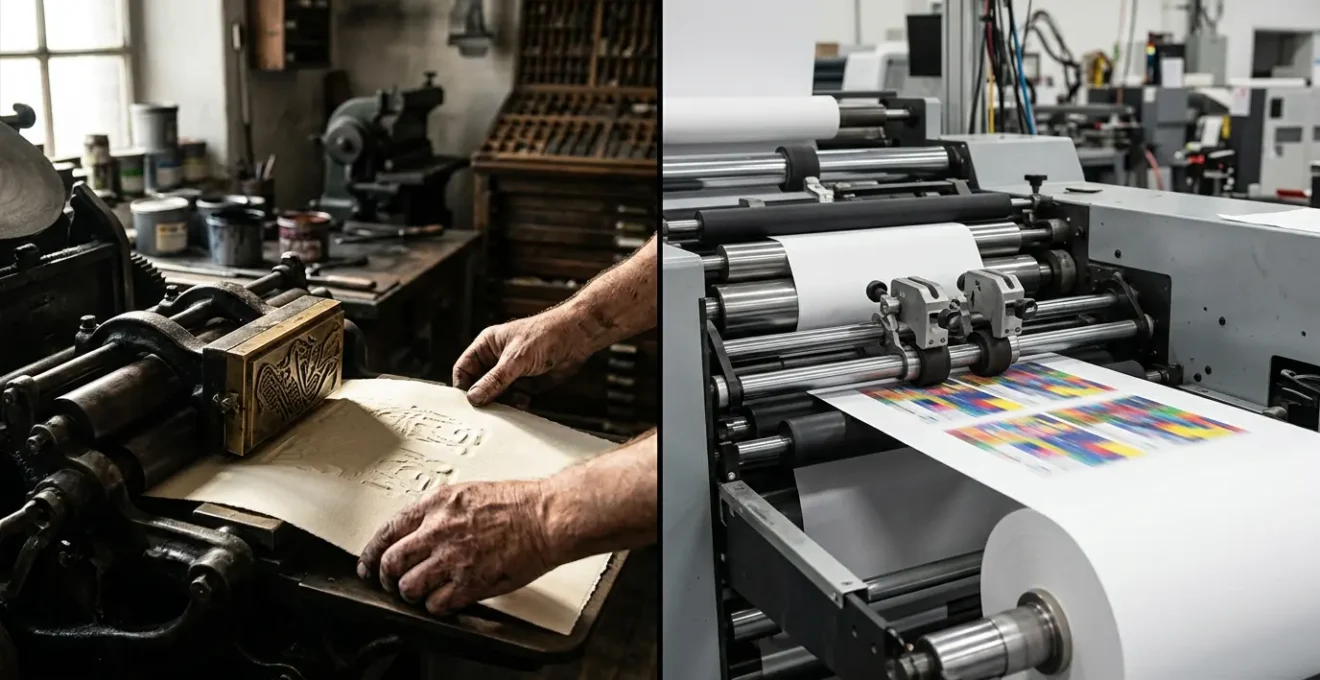 Comparaison entre une impression artisanale gaufrée et une impression standard montrant la différence de relief et de qualité