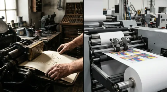 Comparaison entre une impression artisanale gaufrée et une impression standard montrant la différence de relief et de qualité