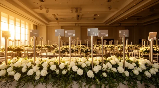 Salle de réception élégante avec tables rondes, centres de table floraux et signalétique visible au-dessus