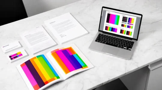 Bureau de designer montrant la coordination entre supports papier et numériques pour une identité de marque unifiée