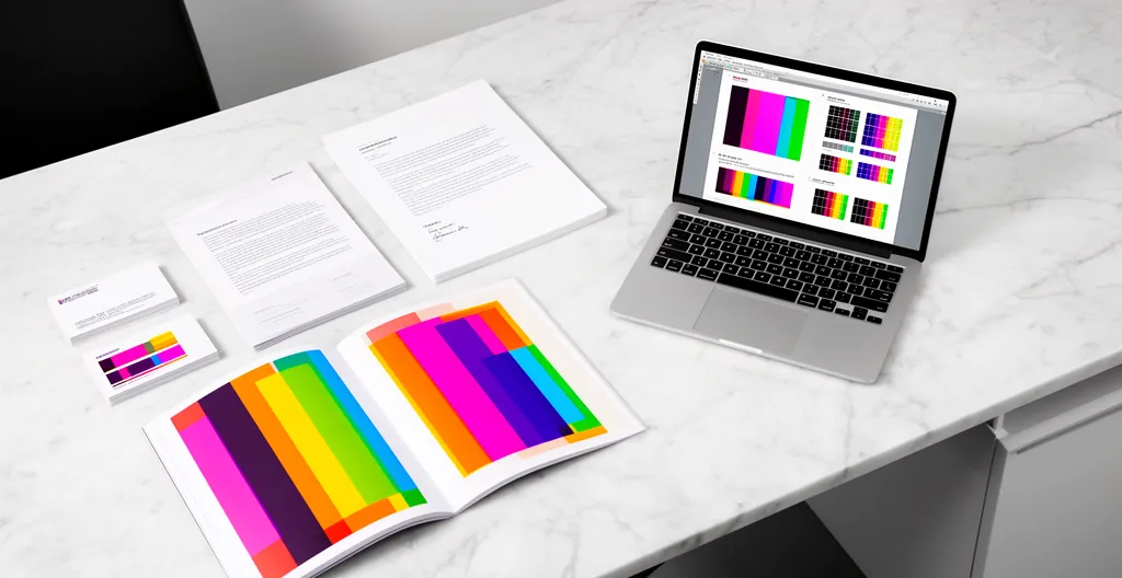 Bureau de designer montrant la coordination entre supports papier et numériques pour une identité de marque unifiée