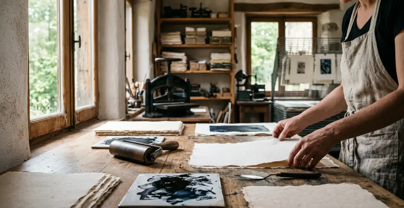 Artisan imprimeur travaillant sur une feuille de papier coton avec un tampon traditionnel dans un atelier baigné de lumière naturelle