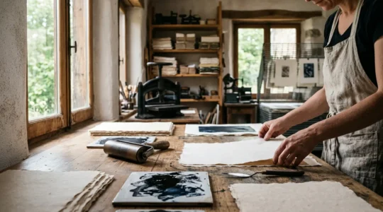 Artisan imprimeur travaillant sur une feuille de papier coton avec un tampon traditionnel dans un atelier baigné de lumière naturelle