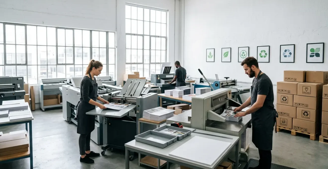 Vue d'atelier d'un façonnier local avec machines de pliage et finition d'imprimés