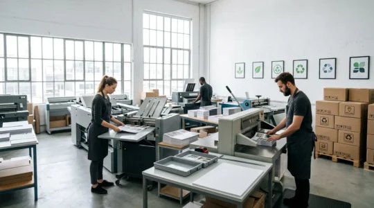 Vue d'atelier d'un façonnier local avec machines de pliage et finition d'imprimés