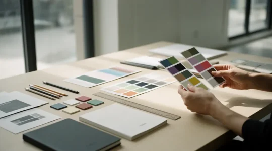 Composition éditoriale montrant différents échantillons de couleurs et logos disposés sur un bureau créatif, avec une personne analysant des nuanciers et des maquettes de marques, créant une atmosphère professionnelle et réfléchie