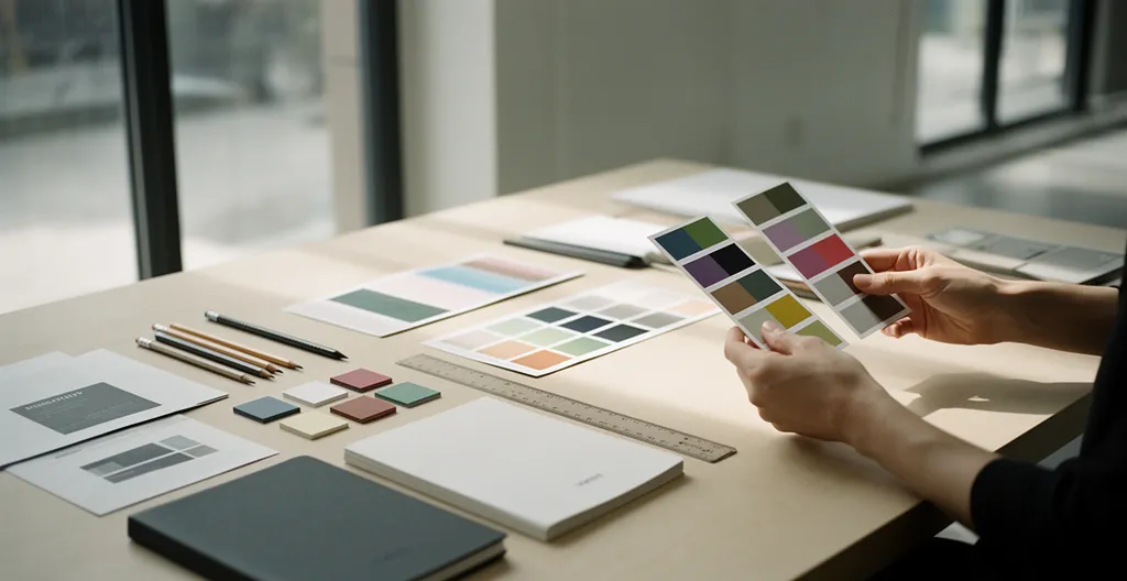 Composition éditoriale montrant différents échantillons de couleurs et logos disposés sur un bureau créatif, avec une personne analysant des nuanciers et des maquettes de marques, créant une atmosphère professionnelle et réfléchie