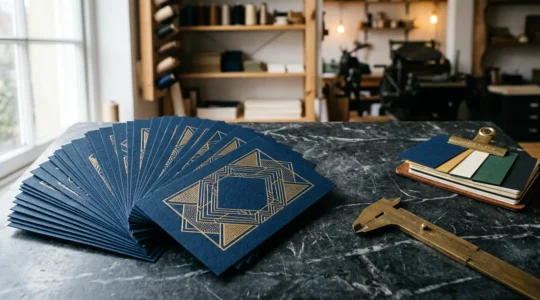 Invitation de luxe avec dorure or sur papier bleu nuit texturé, mise en scène élégante sur table de marbre