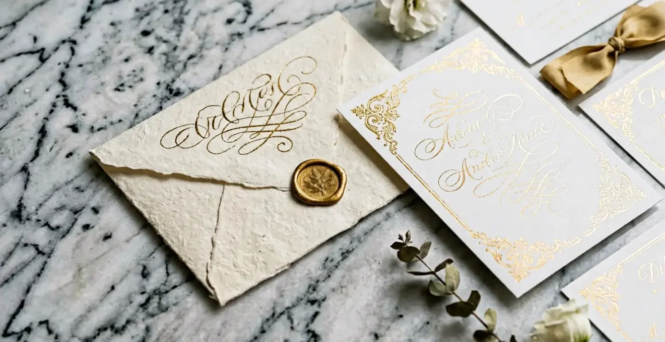 Invitation de mariage haut de gamme avec détails dorés et calligraphie manuscrite