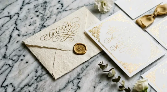 Invitation de mariage haut de gamme avec détails dorés et calligraphie manuscrite