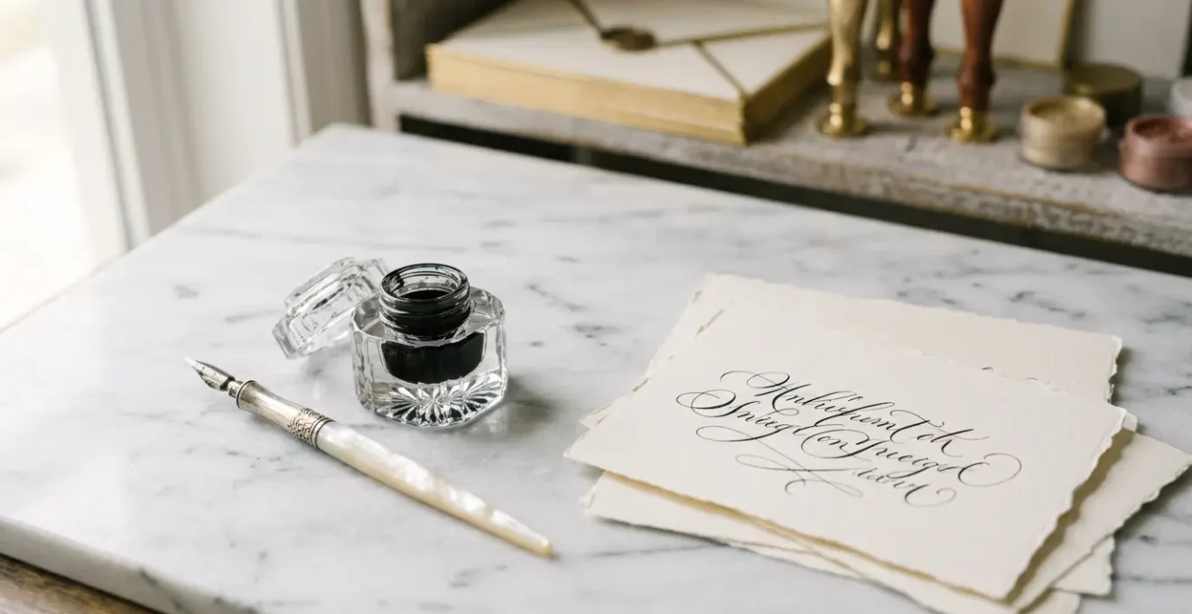 Invitation VIP calligraphiée à la plume sur papier épais avec enveloppe dorée et encre noire