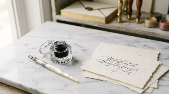 Invitation VIP calligraphiée à la plume sur papier épais avec enveloppe dorée et encre noire